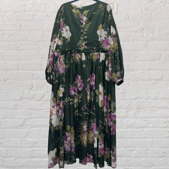 4X (FITS LIKE A 3X) Green Chiffon Floral Print Lantern Sleeve Maxi DressNWT - Picture 7 of 10
